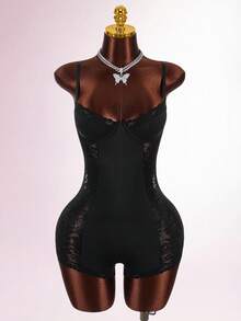 Amplova 性感撞色蕾丝束腰女式连体衣 - 黑色 - 查看 4