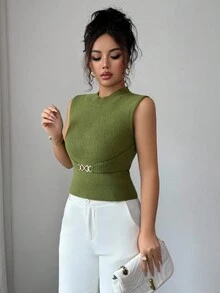 SHEIN Elenzya Women's Fashionable Solid Color Elegant Delicate Knit Sleeveless Top - Green - View 4