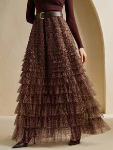 Anewsta Autumn/Winter Chic Brown A-Line Fashionable Leopard Print Multi-Layer Tulle Women's Skirt With Belt - Coffee Brown - View 3