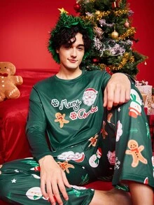 SHEIN Conjunto de pijama de Navidad con elementos para hombres de talla grande - Verde - Ver 5