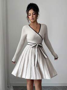 SHEIN Elenzya Women's Elegant Fitted V-Neck Contrast Trim Ribbed Texture Peplum Hem Sweater Dress, Autumn/Winter - Apricot - View 6