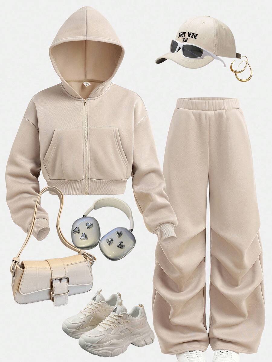 Girlism 少女休闲针织连帽卫衣和卫衣套装 - 卡其色 - 查看 1