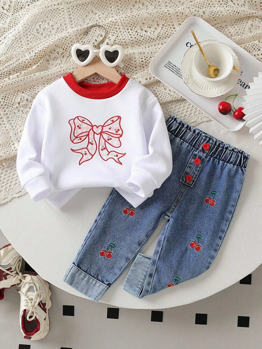 SHEIN 2 Stücke/Set Süßer Schleifen Dekor Rundhals Langarm T-Shirt + Kirsche Stickerei Gerade Bein Jeans Hose, Kleinkind Mädchen Outfit, Herbst/Winter
