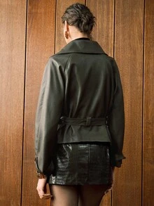 Arave French Style Commuter Women's Large Lapel Waist Tie Fashionable Elegant Short Leather Jacket - Green - View 5