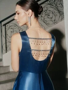 Anewsta Women's Handmade Beaded Shiny Satin Rhinestone Front Slit Dress, Elegant And Dignified, Suitable For Autumn/Winter Layering - Royal Blue - View 1