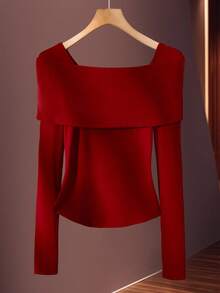 Franclia 女士优雅浪漫通勤蝴蝶结装饰修身长袖T恤，秋冬 - 酒紅色 - 查看 2