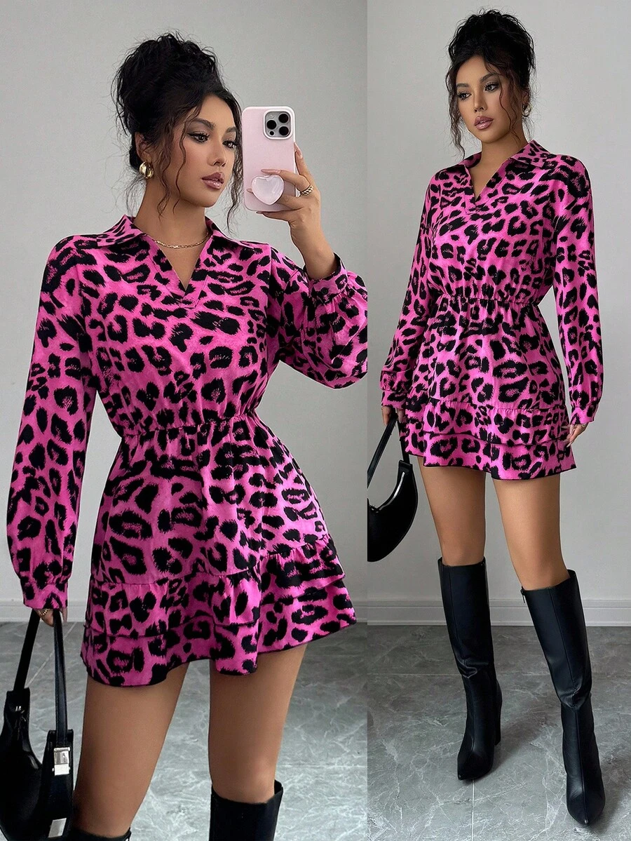 Elenzga Women's Leopard Print Ruffle Hem Long Sleeve Dress - Hot Pink - View 1