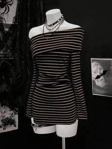 SHEIN Unity Women's Fashionable Black And Gray Striped Long Sleeve Dress - Multicolor - View 4