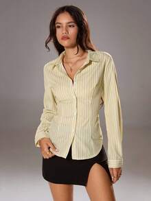 TRNVIE Women's Spring & Summer Long Sleeve Blue Stripe Waist Fitted Casual Blouse Women Shirt - Yellow - View 4
