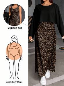 SHEIN Essnce 2 sztuki/zestaw Plus Size Damska koszulka z długim rękawem i nadrukiem w panterkę oraz sukienka typu slip, swobodny strój wakacyjny, jesień/zima