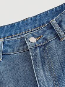 SHEIN MOD 女士休闲日常水洗水钻斜插口袋阔腿牛仔裤，时尚蓝色牛仔裤，饰有闪亮水钻，宽松高腰阔腿牛仔裤，圣诞派对 - 中等水洗藍 - 查看 4