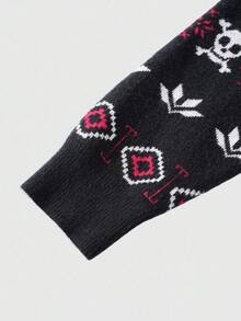 ROMWE MEN Street Life 男士休闲几何骷髅图案纽扣前开衫，秋冬，垃圾摇滚风格 - 黑色 - 查看 4