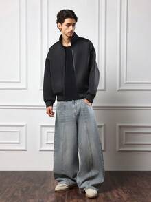 SUMWON Ultra Wide Leg Denim Jeans With Front Seam Paneling Barrel Fit High Rise Waist Panel Construction Fall Winter Collection Loose Streetwear Daily Casual Plain - Medium Wash - View 5