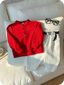 SHEIN 两件套婴儿/男宝宝秋冬套装 - 红色翻领长袖polo衫和白色长裤，适合秋冬季节、派对、拍照、返校、圣诞节、假期、婚礼、迎婴派对、洗礼、一周岁生日等场合。 - 紅色 - 查看 8