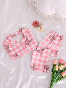 2pcs/Set Young Girl Casual Cute Bear Print Long Sleeve Cardigan And Pants Homewear Set - Dusty Pink - View 3