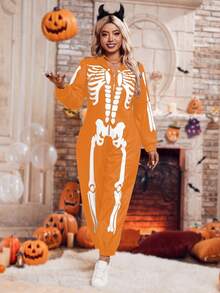 SHEIN LUNE Plus Size Zipper Bone Print Hooded Long Sleeve Jumpsuit - Orange - View 4