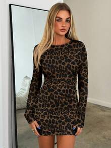 Aloruh Women's Solid Color Round Neck Long Sleeve Pleated Leopard Print Mini Bodycon Dress, Suitable For Autumn/Winter, Dates, Parties, Galas, - Multicolor - View 5