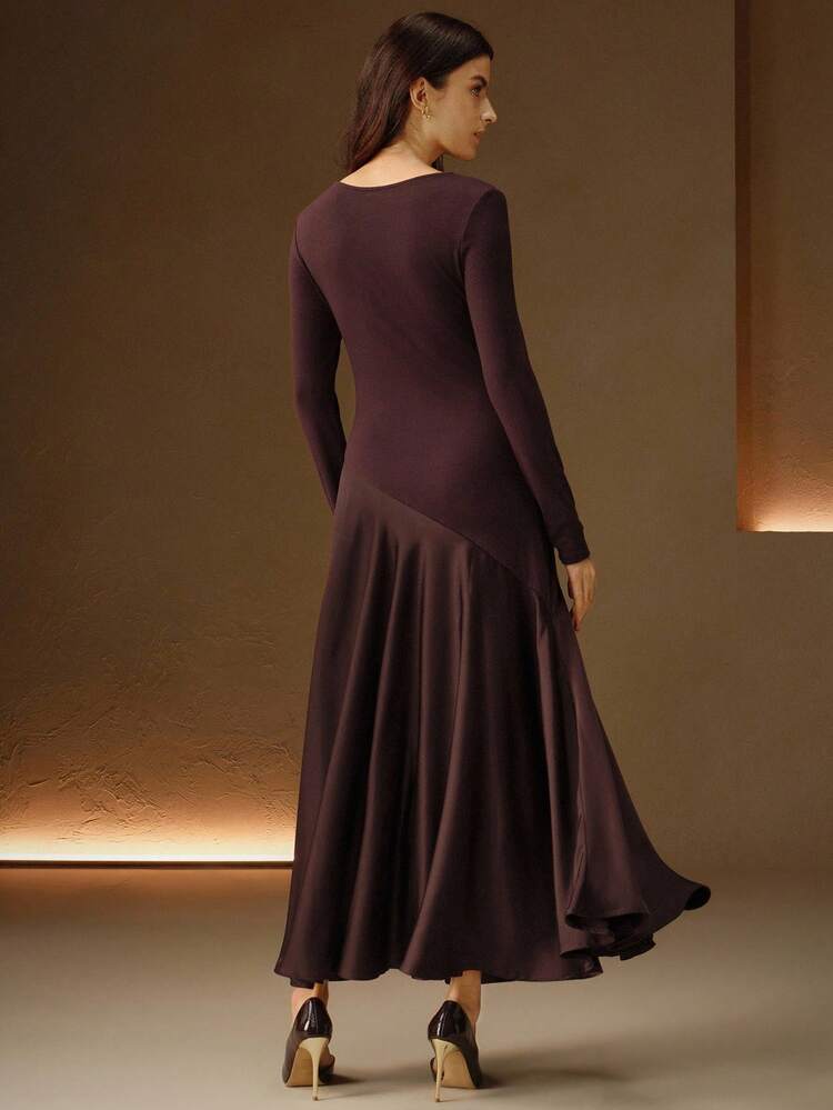 Autumn Retro Elegant Square Collar Chain Decor Long Sleeve Patchwork Satin Waist Flared Hem Women's Dress, Suitable For Autumn/Winter, New Year, Elegant Party, Brown Wedding Dress, Elegant, Chic, Stylish, Evening Dress, Chic Wedding, Christmas