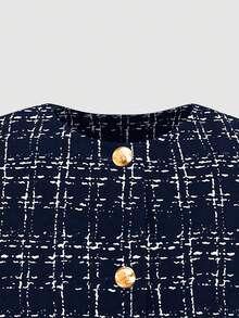 SHEIN 少女休闲简约舒适圆领开衫和裙子套装 - 藏蓝色 - 查看 4