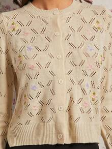 Enchnt Áo len cardigan dệt kim tay dài khoét ngực thêu hoa dành cho nữ - Màu be - Xem 7