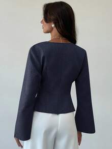 Aloruh New Stylish Commuter Waist Ruched Asymmetric Hem Long Flare Sleeve V-Neck Pullover Blouse - Navy Blue - View 2
