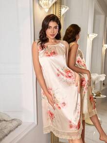 SHEIN 蕾丝边仿丝圆领女式睡袍 - 彩色 - 查看 3