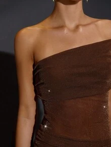 SHEIN BAE 棕色闪亮不对称露肩透明长裙优雅女士长裙、节日礼服、婚礼宾客礼服、生日礼服、棕色礼服、派对礼服、圣诞礼服 - 棕色 - 查看 5