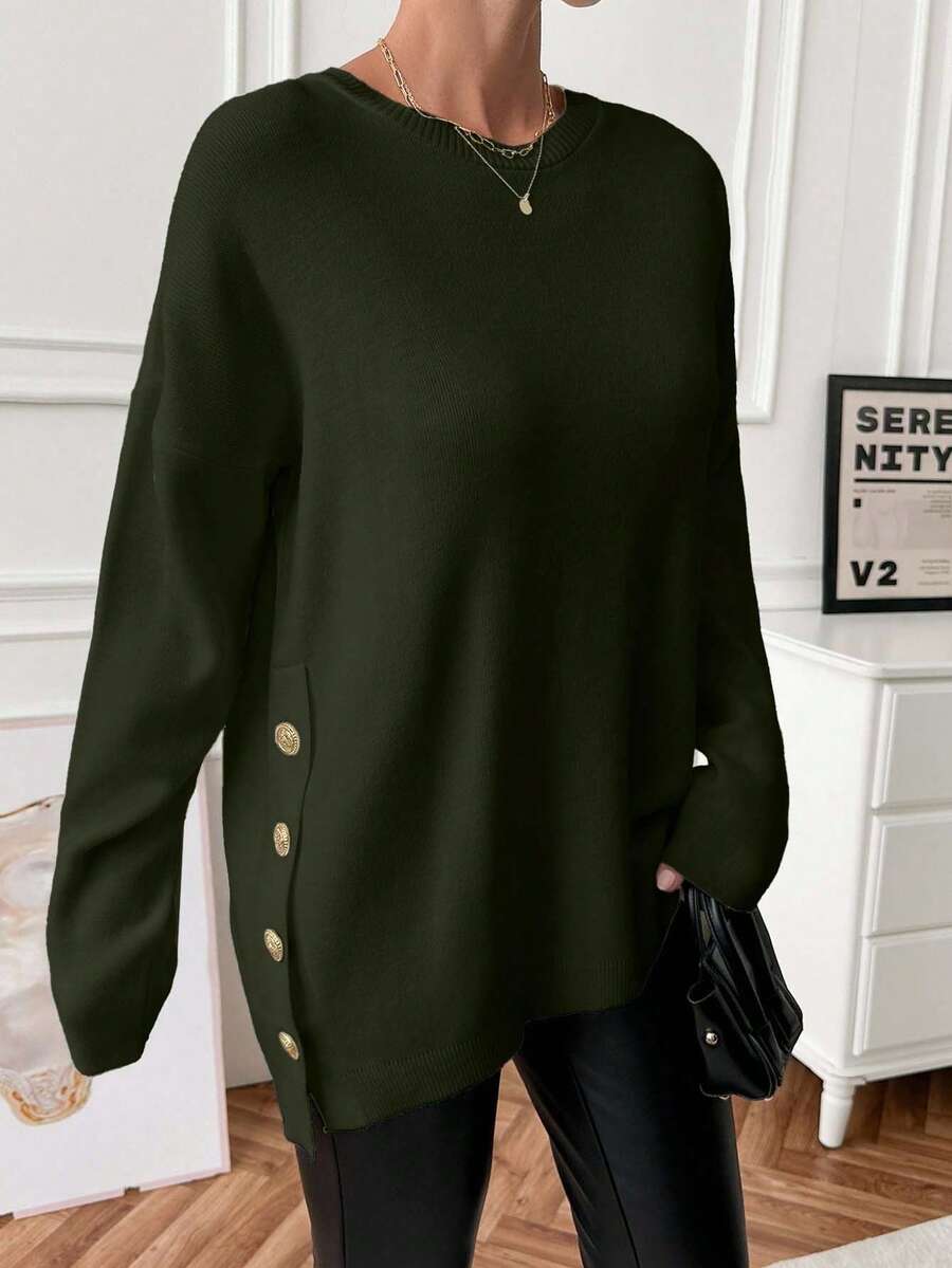 EURMUSE Women's Loose Fit Casual Sweater With Side Button Detail, Round Neck, Autumn/Winter - Green - View 1