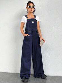 SHEIN EZwear Peto vaquero casual de mujer con bolsillo de parche de unicolor