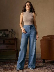 Anewsta Streetwear Fashion Heavy Handcrafted Rhinestone Embellished Women's Blue Denim Straight Leg Jeans, Suitable For Fall, Winter, Spring, Summer, New Year, Party, Wedding, Elegant, Chic, Stylish, Christmas, Business Casual, Going Out - Blue - View 5