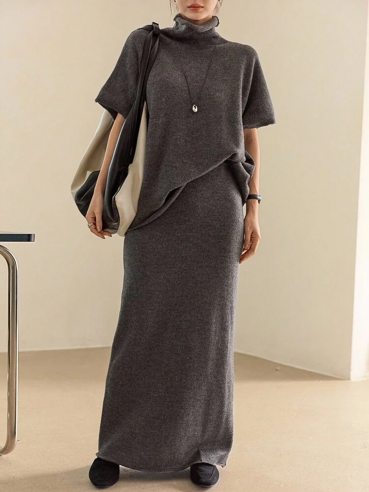 Women's Solid Color Turtleneck Short Sleeve Knit Top And Knitted Blend Midi Skirt 2 Pieces Casual Set, Autumn/Winter Business Casual Woman