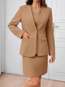 SHEIN Clasi Women's Autumn/Winter Fashion Commuter Jacket & Dress Blue Suit Set