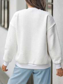 EMERY ROSE Back To School White Waffle Knit Sweatshirt For Plus Size Women,Autumn Basic Smart Casual Everyday Loose Fit Crew Neck Long Sleeve Pullover Top - Multicolor - View 2