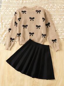 SHEIN 青少年女孩心形图案落肩圆领毛衣和纯黑色百褶裙 2 件套，适合日常穿着、返校、休闲场合，秋冬保暖，日常穿着 - 彩色 - 查看 2