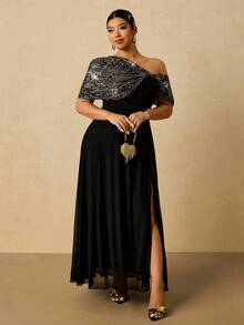 SHEIN VCAY Đầm dài vai lệch vai đính sequin lấp lánh cỡ lớn thanh lịch, thích hợp cho tiệc tùng, năm mới, giáng sinh - màu đen - Xem 6