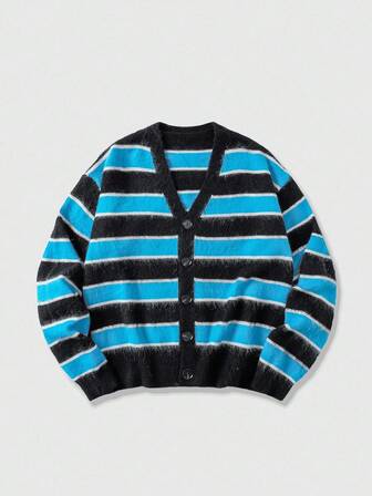 Street Life Cárdigan casual de manga larga con cuello en V, botones delanteros y estampado de rayas, para otoño/invierno