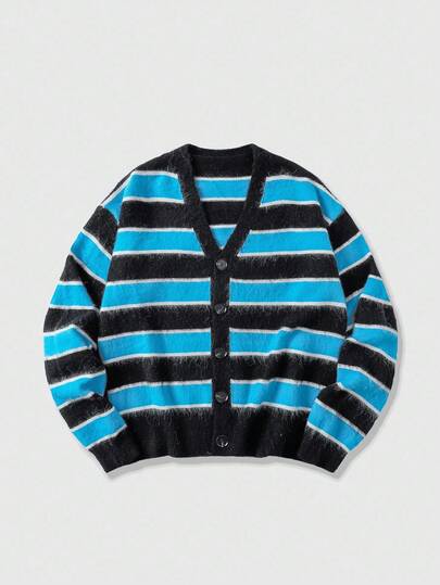 Street Life كارديجان كاجوال بأكمام طويلة وياقة على شكل حرف V مع أزرار أمامية وطبعات مخططة، للخريف/الشتاء