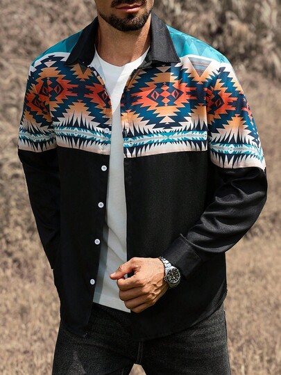 Manfinity Nomadique Camisa de manga larga con estampado de patchwork para hombre, otoño