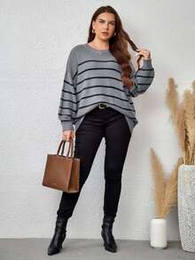 SHEIN Cottnline Plus Size Plus Size Loose Fit Colorblock Striped Pullover Sweater - Light Grey - View 6