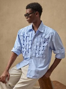 AKNOTIC Business Casual 男士条纹梭织简约休闲长袖衬衫 - 藍白色 - 查看 7