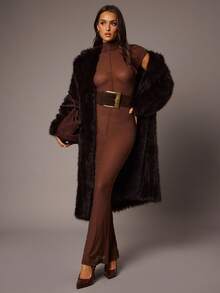 Silquee Women's Elegant Dark Brown Faux Fur Collar Long Fur Coat,Winter Luxury Solid Color Long Sleeve Fluffy Loose Fashion Design For Dinner Date Parties - Brown - View 5