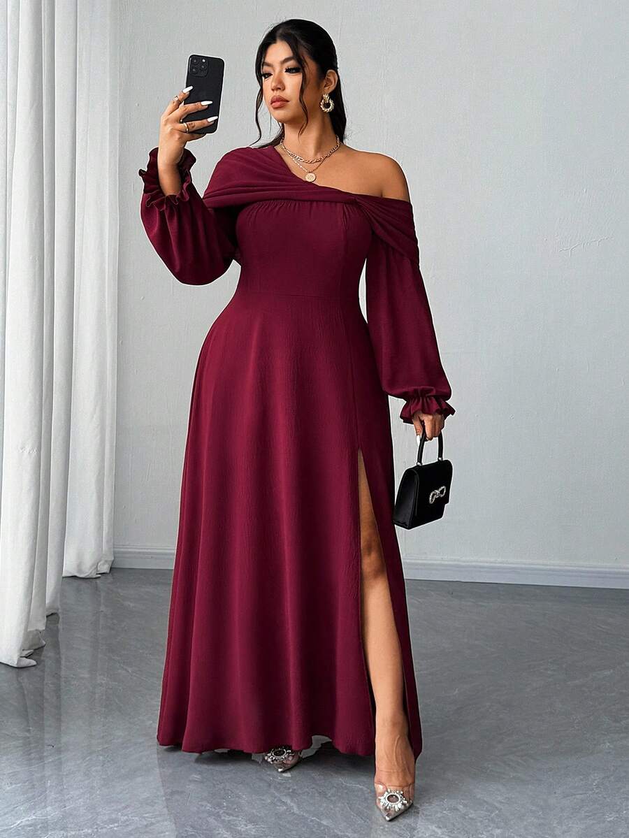 Elenzga Vestido largo elegante y romántico para mujer de talla grande, para fiesta, reunión y boda, de gasa fluida, con escote asimétrico, manga larga, corte A con abertura alta, para primavera/otoño/invierno - Burdeos - Ver 1