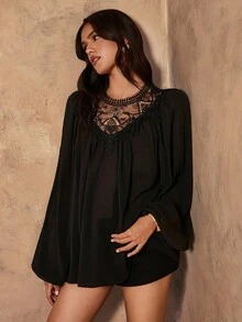 SHEIN Unity Bohemian Style Round Neck Long Sleeve Semi-Sheer Blouse For Women - Black - View 1