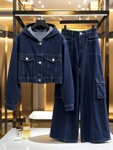 GlowEve 女士休闲时尚街头风格翻盖牛仔夹克单排扣连帽牛仔裤套装，春秋 - 深色水洗藍 - 查看 1