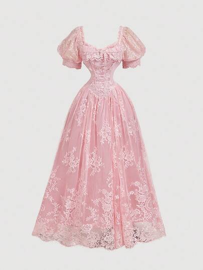 SHEIN MOD Romantic Pink Lace Dress With Puff Sleeves, Corset Waist, Floral Embroidery, Off-Shoulder Design, Vintage Victorian Inspired, Full-Length Skirt, Feminine, Elegant, Princess Style, Formal Event, Ball Gown, Soft Tulle Fabric, Evening Wear, Classic, Graceful, Delicate, Party Dress, Wedding Guest Dress