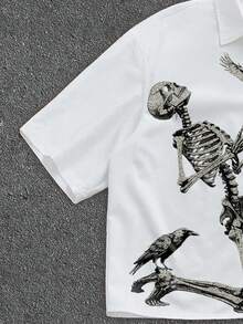 Manfinity ZONE917 ZONE917 Loose Cropped Skull & Flower Print White Short Sleeve Shirt