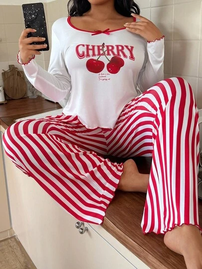 ZzzCrew Conjunto de pijama de punto acanalado con estampado de cerezas y rayas para tallas grandes. Pijama de cerezas cómodo, conjunto de pijama acogedor, ropa de otoño e invierno