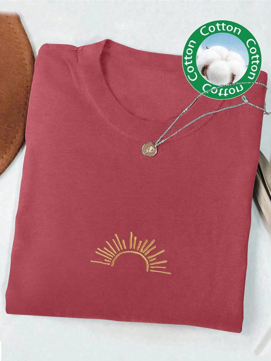 Camiseta de manga corta de verano informal para mujer con estampado de sol - Color caoba - Ver 1