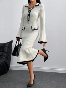 SHEIN Cottnline Petite Size Women Sweater Dress V-Neck With Pocket And Button Detailed French Style Dress - Apricot - View 1