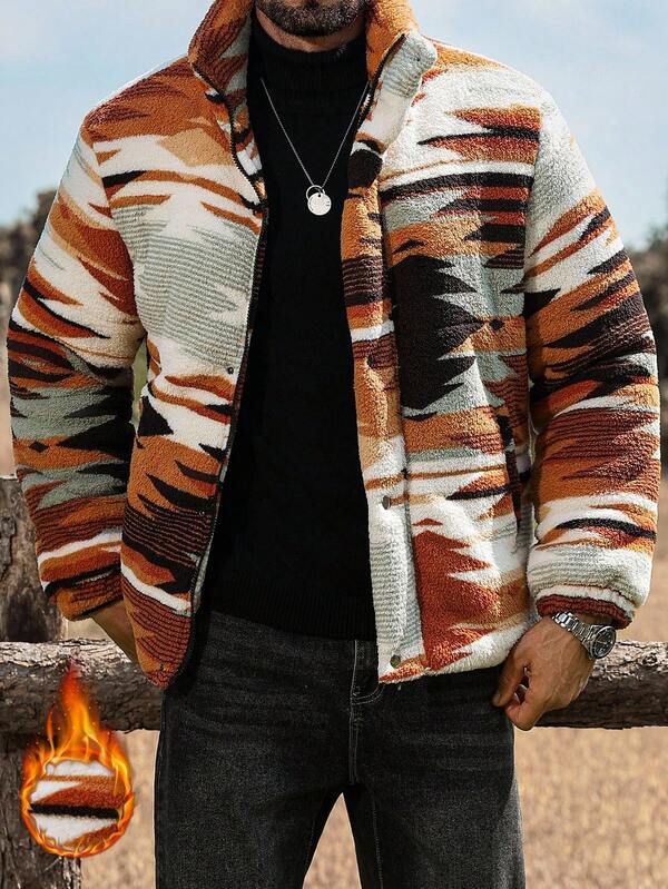 Manfinity Nomadique Locker sitzender Herren Teddy-Bär gepolsterter Mantel mit Druckknöpfen, Wintermantel für Ausgehen, als Geschenk für Freunde, Ehemann, Freund